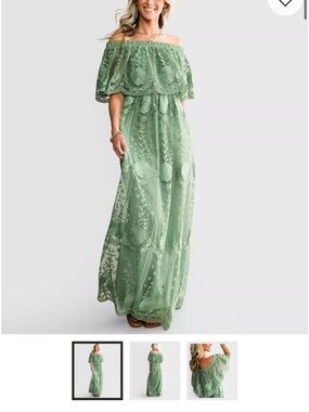 Buckle Off-Shoulder Lace Maxi Dress in Sage Green
